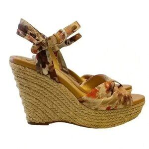 Softt Peggie Platform Wedge Espadrilles Sandals Jute Tan Brown Floral Size 9.5